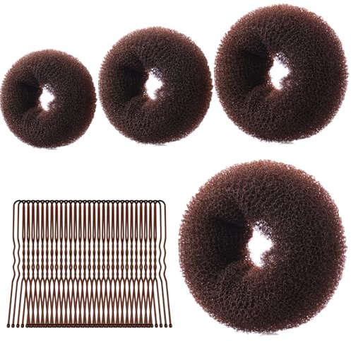 URAQT Ciambelle per Chignon, 4 Pz Chignon Facile per Capelli e 30 Clip a Forma di U, Chignon a Ciambella per Bambine e Donne, Magic Hair Bun Maker per Acconciature Chignon, 6+8+10+12cm(Marrone)