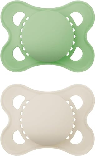 MAM Original Soothers | 2-6 Months | 2 Pack | Comes in Dummy Steriliser Case | Made from Sustainable Materials | Baby Accessories for Newborn | Cream/Green (Plain)