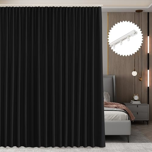RYB HOME Room Divider Curtains with Straight Ceiling Track, Heavy Duty Blackout Privacy Sliding Partition Panel for Bedroom/Living Room/Basement/Sliding Glass Door, W100xL84, Black, 1 Panel