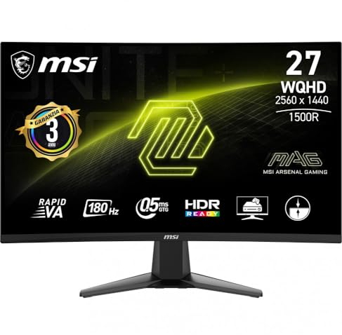 MSI mag 27CQ6F Monitor Gaming 27 WQHD Curvo - Panel VA Rapid 1500R (2560 x 1440), 180Hz / 0,5 ms (GtG, Min.), Adaptive-Sync - DP 1.4a, HDMI 2.0b CEC