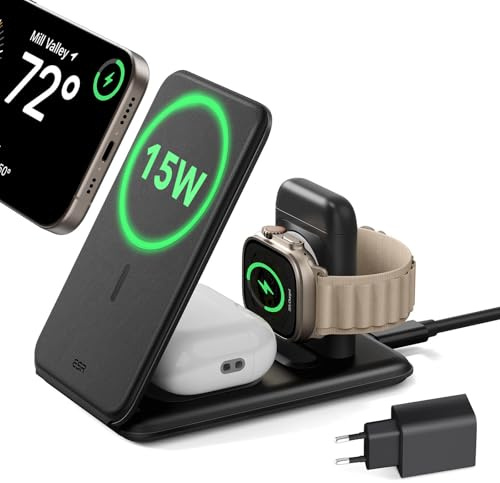 ESR 15W 3-i-1 trådlös laddningsstation, 15 W Apple Watch-laddare och MagSafe-stöd för iPhone, för flera enheter, iPhone 17e/17/16/16 Pro/16 Pro Max/15/14, klocka och AirPods 4, svart