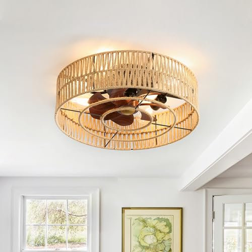 ATEEZ Vintage Ventilatore da Soffitto con Luce e Telecomando Intreccio di Spago Lampadario Ventilatore Soggiorno 6 Velocità Silenzioso Plafoniera con Ventilatore Reversibile Cameretta Sala da Pranzo