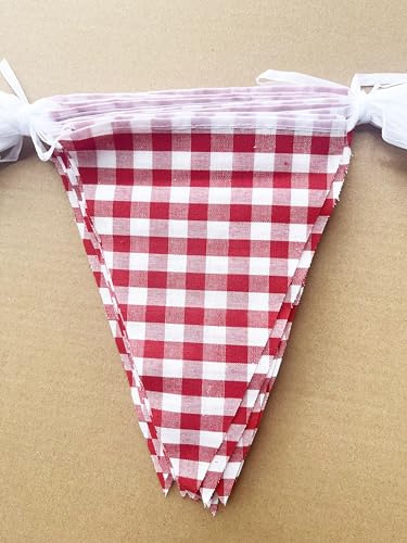 15 Meters 49ft Red and White Cotton Fabric Checkered Pennant Banner, Party Decoration Double Sided Triangle Gingham Bunting Flags for Carnival Birthday