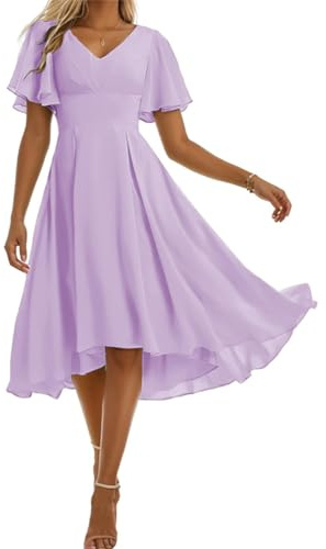 WSEYU A-Line Prom Dresses with Short Sleeves V Neck High Low Formal Gowns Plus Size Lilac UK22