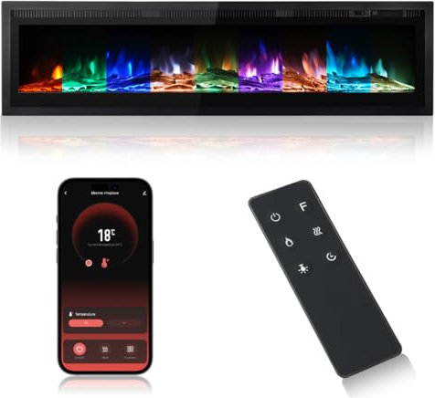 M.C.Haus Electric Fireplace Insert Wall Mounted Freestanding Heater Metal Panel Heater Colorful Flame Remote Phone Control with Crystal&Log, 900W/1800W (50/127cm, Smart Wi-Fi)