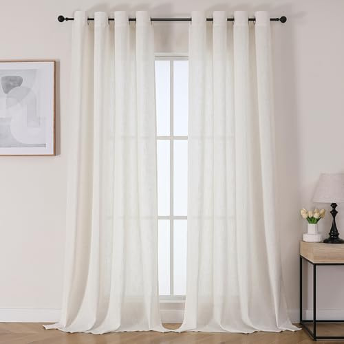 Joydeco Leinen Vorhänge Halbtransparent Wohnzimmer mit Ösen Gardinen Stores Leinenoptik Vorhang Modern Boho Ösenvorhang Ösenschal 2er Set 220x140cm (HxB) Cremeweiß Curtains für Schlafzimmer