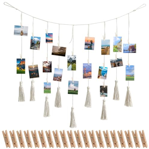 Fotowand mit Klammern, 100*70cm Bilderrahmen mit Klammern und Leine, Fotoseil mit Klammern, Bilderrahmen mit Schnur, Bilder Aufhängen Schnur für Wanddekoration, Bilderwand, Postkartenhalter Wand