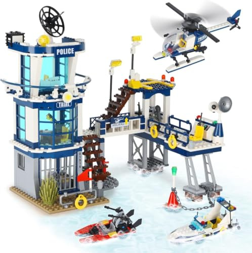 QLT 565PCS City Police Station Police Building Set for Adults, City Police Building Blocks with Helicopter, Ship, Home Decor Collection Brick Kit for Adults