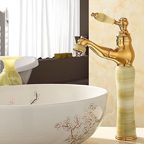 CCKUHN All Copper Gold Natural Jade Undercounter Basin Pull-Out Faucet, Universal Hot and Cold Water Faucet