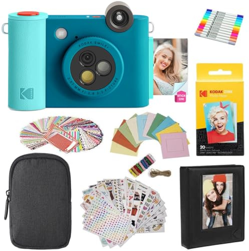 KODAK Smile+ - Paquete de Regalo de cámara instantánea Digital e Impresora fotográfica 2 en 1, Funda + Papel Zink + álbum + calcomanías + Marcos + marcadores, Color Azul