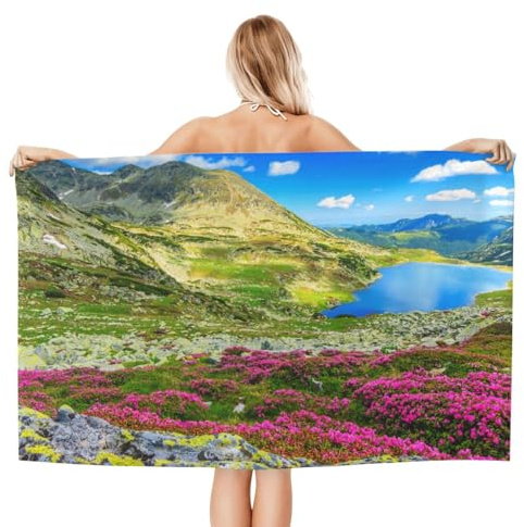 Men Women Large Towel Glacier Lake High Mountains And Pink Rhododendron Flowers Adult Washcloth Adults Microfibre Bath Towels Children Bath Sheets Towels For Camping Picnics Yoga