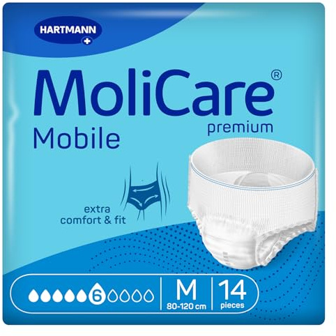 Molicare Mobile 6 Gotas Talla M, Ropa Interior Absorbente para Mujeres y Hombres con Incontinencia Moderada, Protección Contra Fugas, Respetuosa la Piel, Mejor Ajuste Corporal, 14 uds