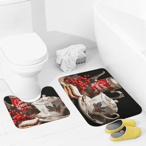 2-teiliges Badezimmerteppich-Set, weich, saugfähig, Badematte für Badezimmer auf Slip-Badteppichen und U-förmiger Kontur-WC-Vorleger, Weihnachten, Teezeit, Badezimmermatte, Teppich für Badewanne,