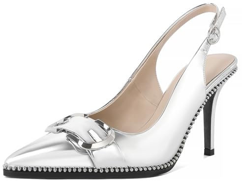 Mettesally Scarpe da Festa per Donna Slingback Chiuse Fibbia Metallica con Perline Argentate Chiusura a Fibbia Regolabile Tacco a Spillo Alto 3,5 Pollici Pelle Lucida Argento EU35
