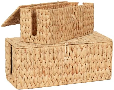 2 Stück Handgefertigte Wasserhyazinthe Kabelbox, Kabelbox mit Steckdosenleiste mit Abdeckung, Kabelmanagementbox mit Seitlicher Öffnung zum Verstecken von Kabeln, Geeignet für Büro, Zuhause