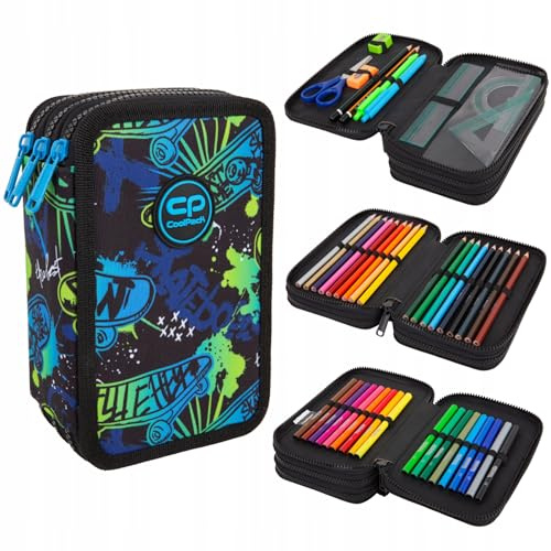 CoolPack Schulstiftetui 3-Fach Federtasche Federmappe Skate Night Motiv, 44-teilig gefüllt, Polyester, Reißverschluss, Handgriff, Unisex, 20 x 12,5 x 6 cm