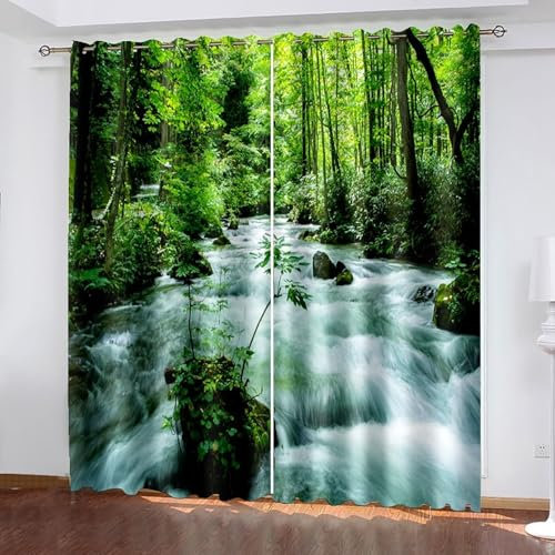 Lirzxin Blickdichte Vorhänge 274 cm Lang, Gardinen Lichtdicht mit Ösen 2er Set Grün Bäume Streamen Landschaft Vorhang für Schlafzimmer Kinderzimmer Jugendzimmer Wohnzimmer, 244x274 cm(BxH)