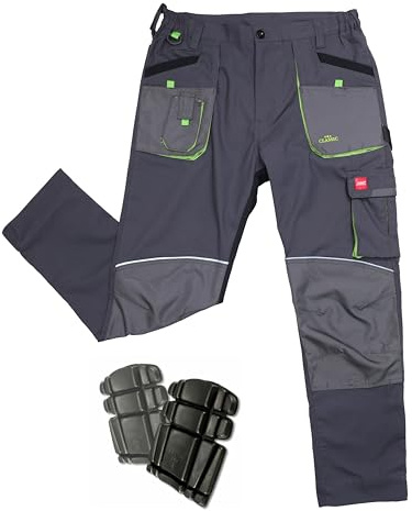 ART.MAS Men’s Work Trousers with Knee Pads, Classic Stretch Slim Fit – 4-Way Stretch Canvas, Multi-Pocket, Knee Pad Pockets, Reinforced & Reflective (30/32, with kneepads) Grey