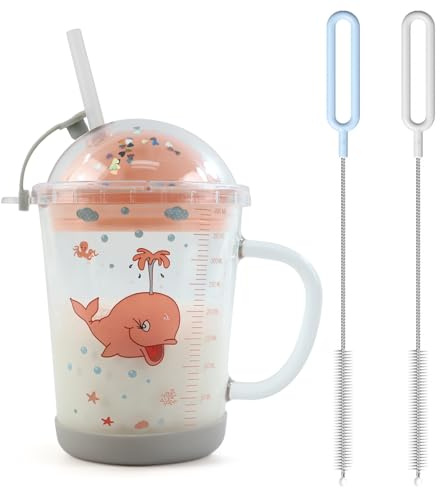 RoxNvm Tasse à Lait avec Paille, 400 ml Tasse avec Paille Silicone et échelle, Tasse de Lait, Anti-Fuite Mug, Verre pour Lait jus de Fruits (Poisson Rose)