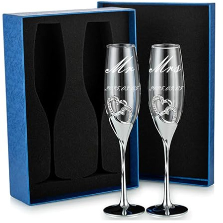 Lot de 2 flûtes à champagne personnalisées Mr & Mrs | Verres à griller de mariage gravés sur mesure pour mariée et marié, anniversaire et fête prénuptiale avec coffret cadeau