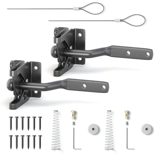 2 Stück Gartentorfalle Set, Gartentor Schloss, Selbstverriegelnde Torschloss, Türriegel, Automatischer Kabelzug Zaunschloss, Geeignet für Gartenzäune, Tiergehege, Innentüren und Fenster (Schwarz)