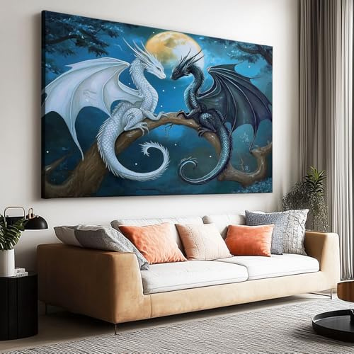 Leinwand-Wandkunst 120 x 60 cm ungerahmt - Schwarzer weißer Drache Fantasy Leinwandbild Kunstdruck Groß XXL für Wohnzimmer Schlafzimmer Wandbilder Canvas Desing Dekoration