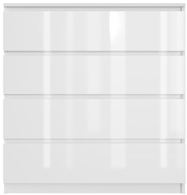 SoDREAMER Kommode mit 4 Schubladen 90 cm | Weiß - glänzende Vorderseite Ideal für Schlafzimmer, Wohnzimmer, Kinderzimmer und Büro | Geräumige Kommode| Modernes Design | 90x97x40 cm