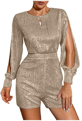 Duohropke Jumpsuit Damen Pailletten Overall Einteiler Kurz Abend Hosenanzug Glitzer Strampler Rave Outfit Weites Bein Elegant Playsuit Romper Sexy Cocktail Karneval Performance Kostüm