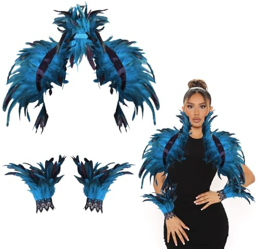 Höst fjäderkrage med fjäder, manschetter, blå, fjäderkappa, gotiska fjädrar, kappa, fjäder, cape, armhålor, axel, korv, kostym, damer för cosplay, fest, fest, karneval, halloween