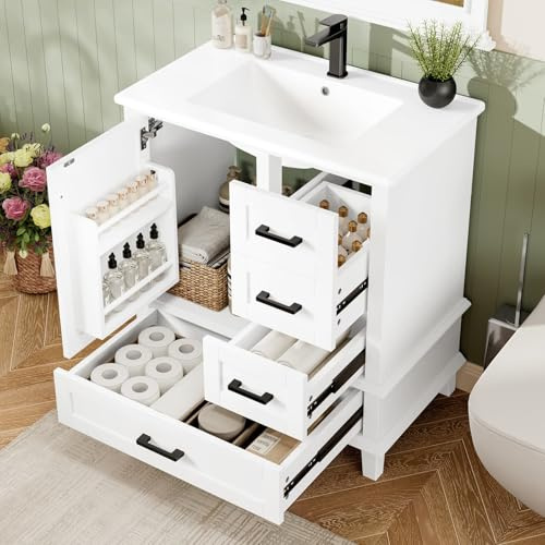 Sweiko Armoire de Salle de Bains avec lavabo76x46x83,5cm,Meuble sous lavabo Salle de Bain avec étagères de Porte,Trois tiroirs Silencieux,lavabo en céramique Monobloc (White + Ceramic+MDF + Modern)