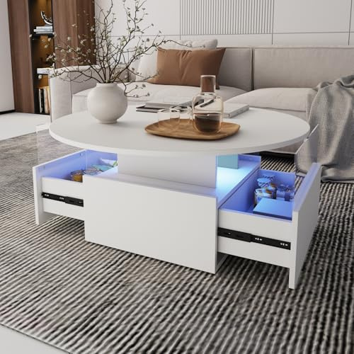 KEEPREAPER White Round Coffee Table for Living Room, LED Modern Living Room Table with Storage, Square Acrylic Coffee Tables with 2 Sliding Drawers, Wood Center Table for Reception Dinning Room