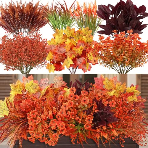 Dremisland 24 Ramas Flores Artificiales de Otoño Plantas Artificiales Otoño Helecho Boston Hojas Decoración Otoñal de Arce para Arreglos Florales Centros de Mesa Jardin Halloween Acción de Gracias