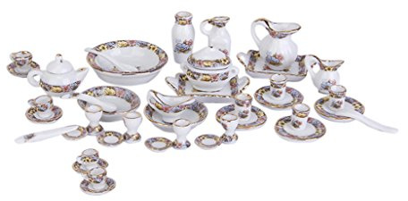 Service à thé miniature en porcelaine 40 pièces avec fleurs pour décoration de maison de poupée à l'échelle 1/12