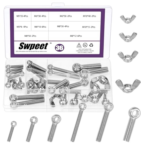 Swpeet 36Pcs 6 Tailles 304 Machines en acier inoxydable Épaule Swing Lifting Eye Boulon et 4 Tailles Kit d'assortiment d'écrous d'aile, Boulon de rigging Fisheye en fil métrique, Bouchon de dôme