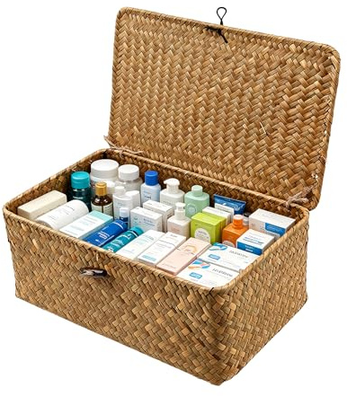 Aufbewahrungskorb aus geflochtenem Rattan – Seegras Korb mit Deckel, handgeflochten, groß, mit stabilem Drahtgestell, Wäschekörbe, Körbe & Aufbewahrungsbox Badezimmer, Schlafzimmer, Wohnzimmer(XXL)
