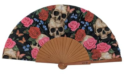 Genérico Abanico Español Artesanal Death & Roses - Madera de Peral y Algodón - Diseño Exclusivo Calaveras y Rosas - 23 cm - Hecho a Mano en España