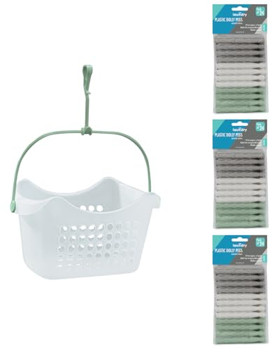 JVL Peg Basket with 72 Plastic Dolly Clothes Pegs – Traditional Style Laundry Peg Holder – Assorted Colours
