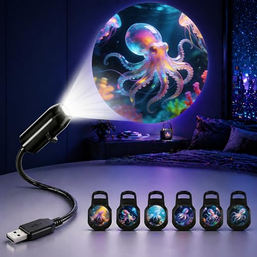 TnLnYn Proiettore di luce notturna 2 in 1 con mini proiezione USB a forma di polipo, proiettore a LED rotante a 360 gradi, adatto per auto o stanza, accessorio decorativo per soffitto, regalo per