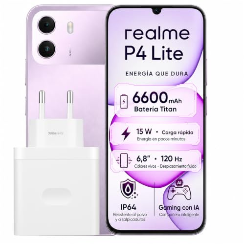 realme P4 Lite Smartphone, 4+128 GB, Batería Titan 6600mAh, Pantalla 6.8 120Hz, hasta 12GB RAM Dinámica, Protección ArmorShell, Gran Batería Carga Rápida Móvil, Morado