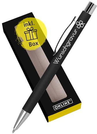 Online Personalisierter Kugelschreiber mit Gravur Soft Metal Classic Black in Geschenkbox I Softtouch Feeling I auswechselbare Großraum-Mine I Schreibfarbe blau I Aluminium I persönliches Geschenk