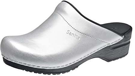 Sanita | Sonja PU Mule Clog | Original Handmade Flexible Leather Clog for Women | Maximum stability | Anatomical shaped footbed with soft foam | Shock absorbing heel | Silver | 36 EU