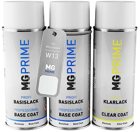 MG PRIME Billack Sprayburk Set för Mitsubishi W13 Diamond White Pearl/Pearl White Baslack Klarlack Sprayburk 400ml