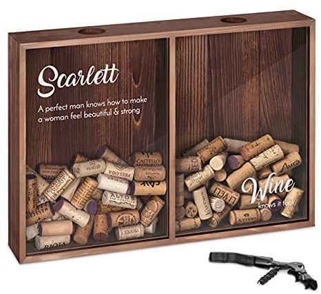 Maverton Cork & Bottle Caps Collector, Wine | Mounted Wooden Box with a Transparent lid, Corkscrew and Bottle Opener Attached, Personalised Gift for Men and Women