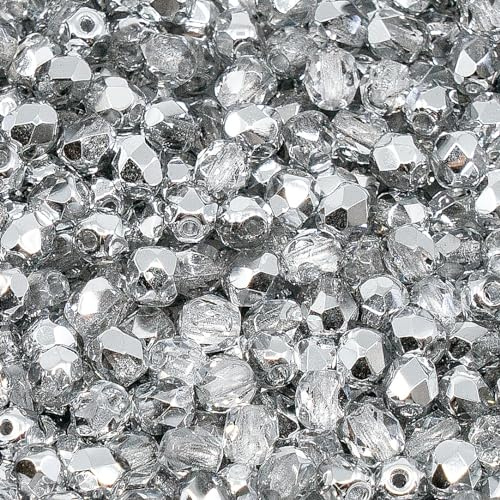 100 pcs of Faceted Fire Polished Pressed Czech Glass Beads 4mm (0.16in), Crystal Silver Aluminum Labrador 00030-27001 BCV