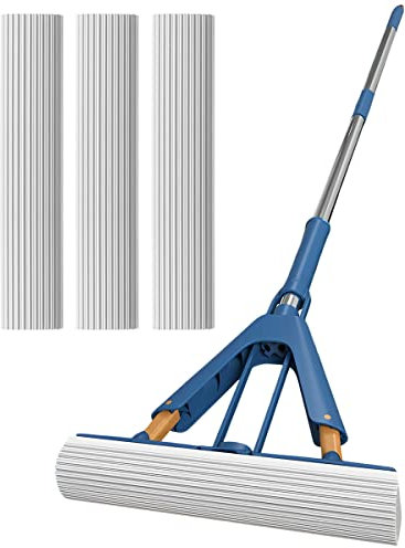 Jtweb esponja trapeador de espuma absorbente de espuma con mango extensible de 50.39 pulgadas y 4 cabezas de esponja de limpieza ajustable de limpieza ajustable para baño de cocina de madera dura baño