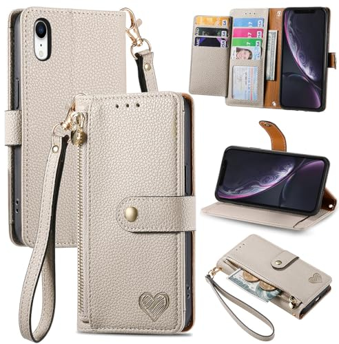 VEEMOS Zipper Wallet Case for Apple iPhone XR Phone Case with Purse Card Holders RFID Blocking Leather Flip Case Book Cover Wrist Strap Women - Gray
