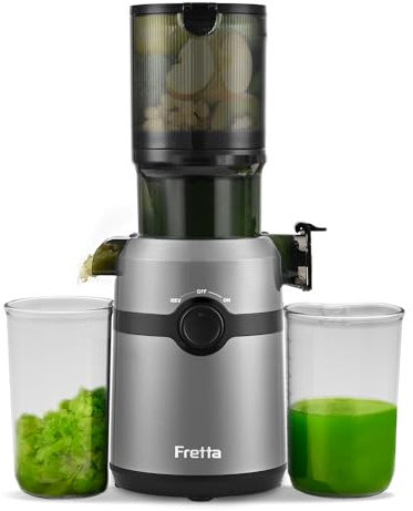 Cold Press Juicer Machines,Fretta Slow Masticating Juicer with 108mm &1.0L Hopper for Whole Fruits and Vegetables,200W Self Feeding High Yield Juice Extractor,BPA Free Tritan, (Light Grey)