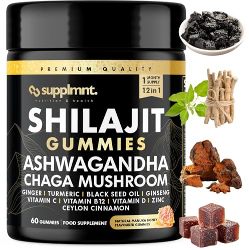 Supplmnt. New Reduced Sugar Coating 3000mg of Shilajit Gummies with 1500mg of Ashwagandha, Chaga Mushroom, Ginger, Turmeric, Black Seed Oil, Ginseng, Vitamins C, B12, D, Zinc, Ceylon Cinnamon