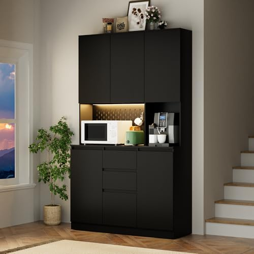 Tatub Armario de despensa de 74 pulgadas con toma de corriente, armario de cocina con estante de almacenamiento y microondas, armario de almacenamiento negro con tira de luz LED