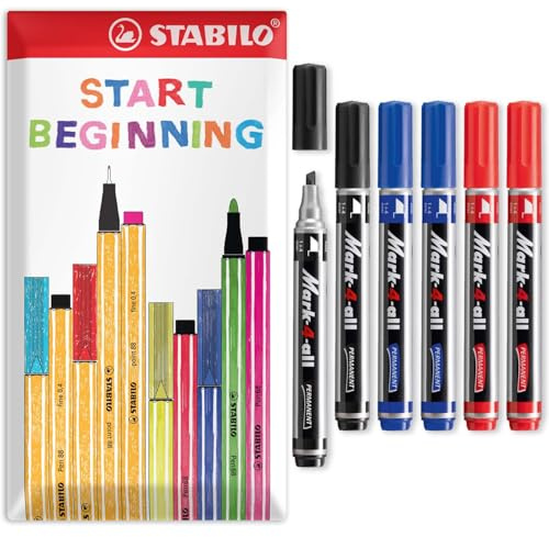 STABILO Mark-4-all - Pennarello indelebile con punta a scalpello, confezione da 6, colore: nero, blu, rosso
